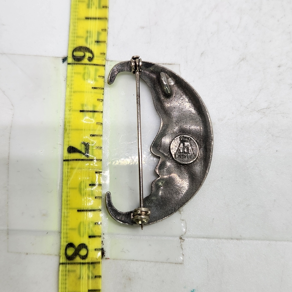 Estate Vtg Signed Pewter Man In The Moon Face Brooch Celestial Crescent Pin - Picture 4 of 5